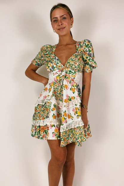 Floral Print V Neck Juliet Sleeve Lace Ruffled Trim A-Line Mini Dresses-Green-Hayhty.All Rights Reserved.