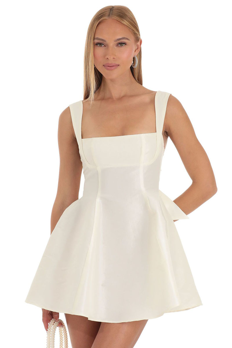 Square Neck Straps White Bow Knotted Cutout Backless A-line Satin Mini Dresses-Hayhty.All Rights Reserved.