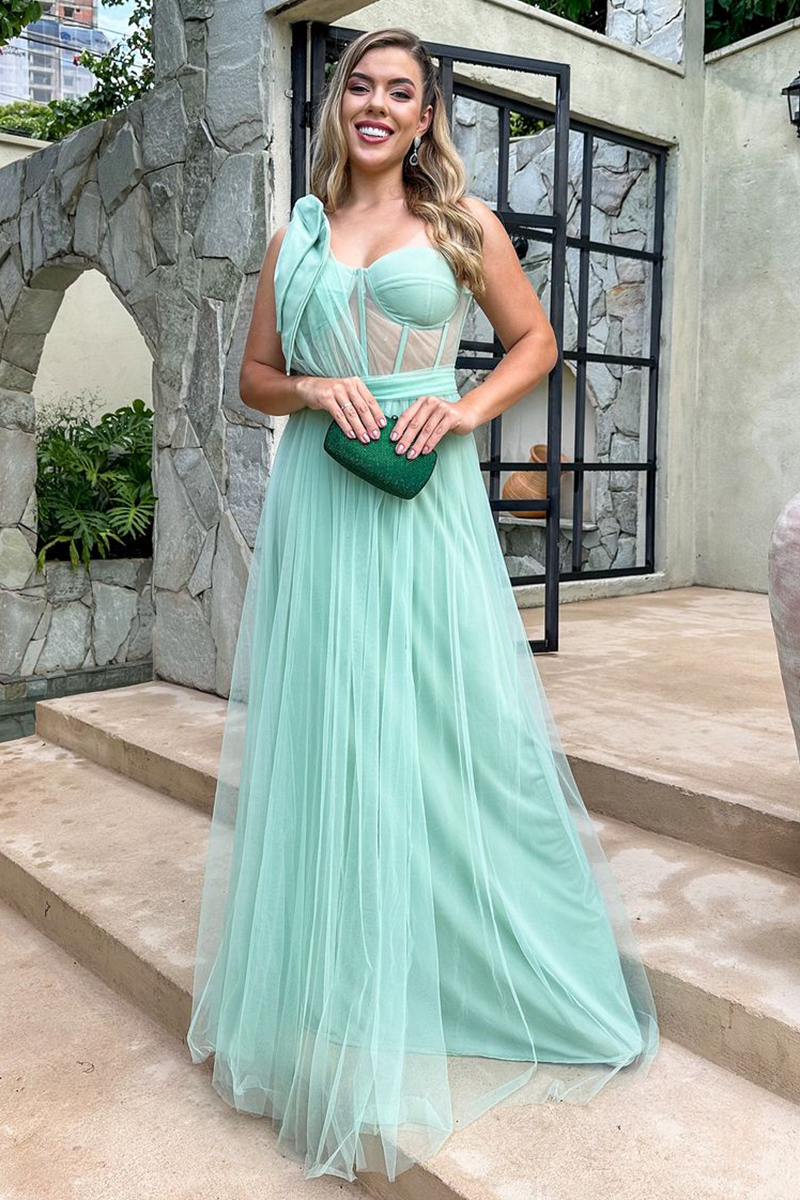 Corset Design One Shoulder Tulle Gowns Maxi Dresses-Green-Hayhty.All Rights Reserved.