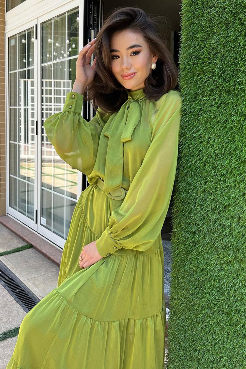Long Bell Sleeve Mesh Knotted High Neckline Tiered Maxi Dresses-Hayhty.All Rights Reserved.