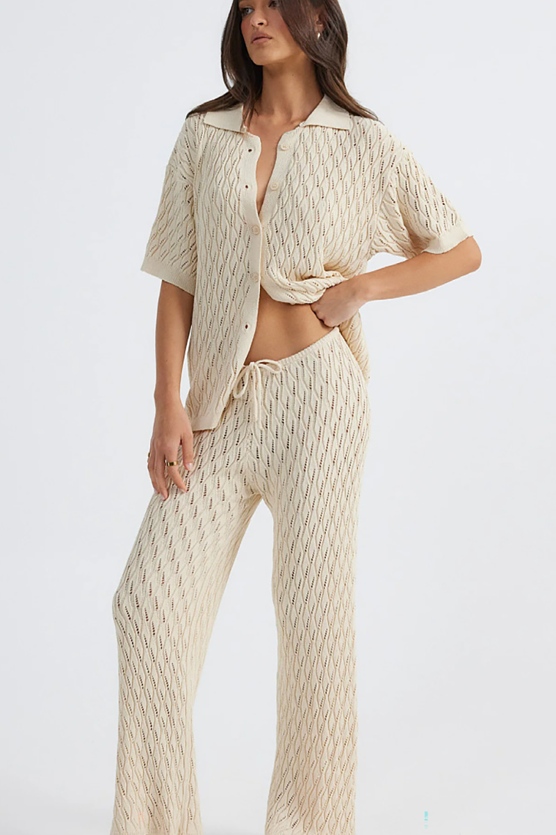 Hollow Out Knit Half Sleeve Blouse Wide Leg Pants Matching Set-Orange-Hayhty.All Rights Reserved.