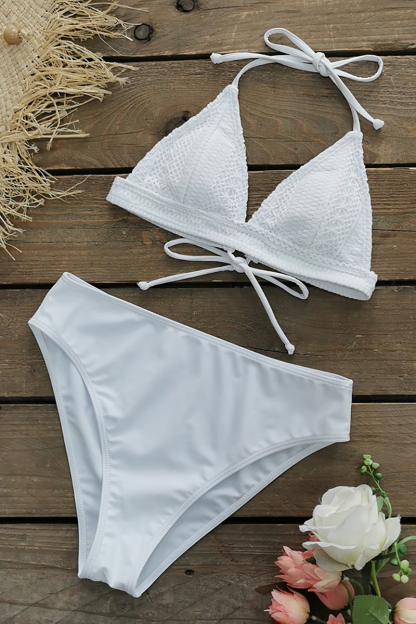 Lace Hollow Out White Tied Up Halter Deep V Neck 3-Piece Bikini Sets-Hayhty.All Rights Reserved.