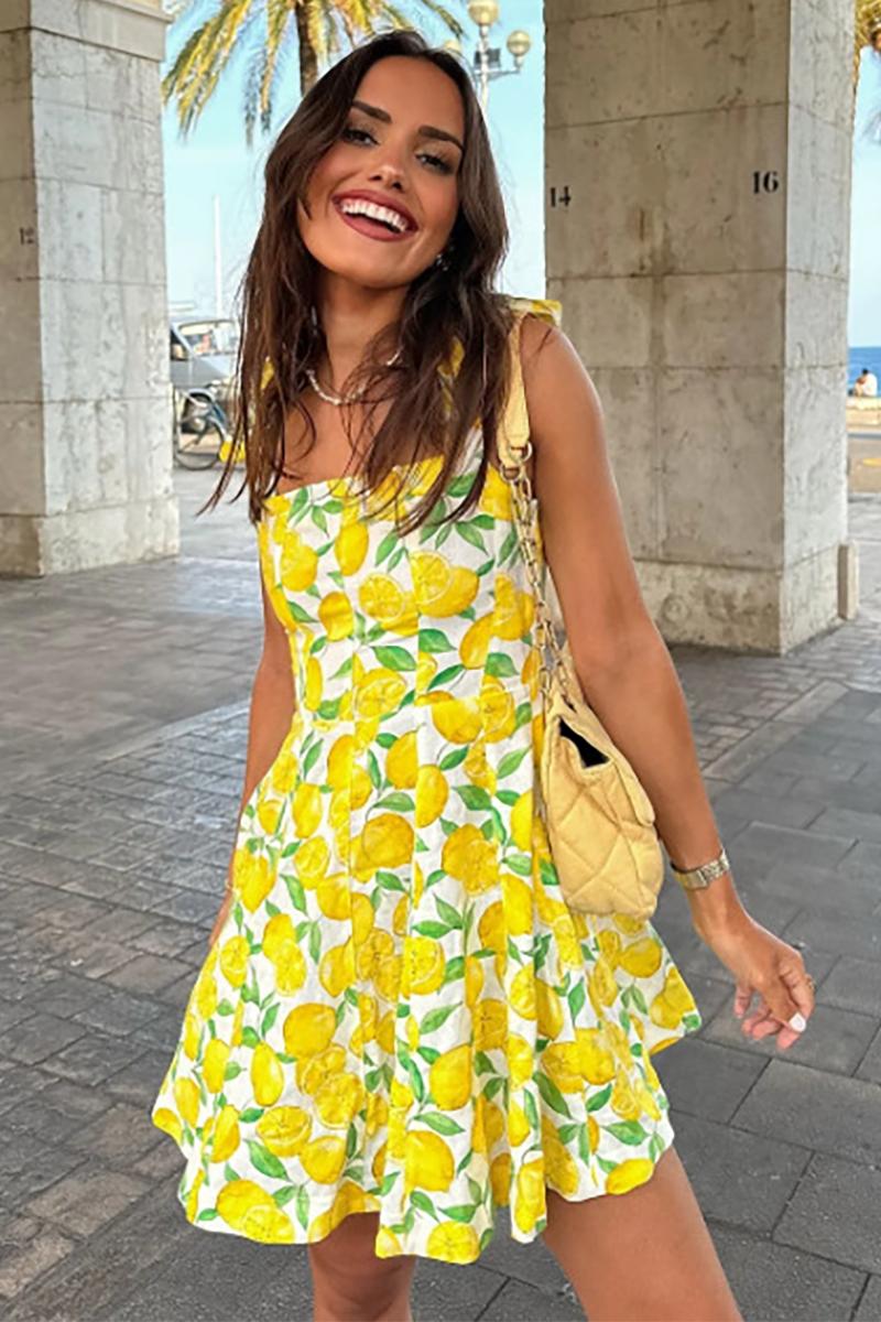 Lemons Print Boat Neck Tie Up Shoulder Straps A-Line Mini Dresses-Yellow-Hayhty.All Rights Reserved.