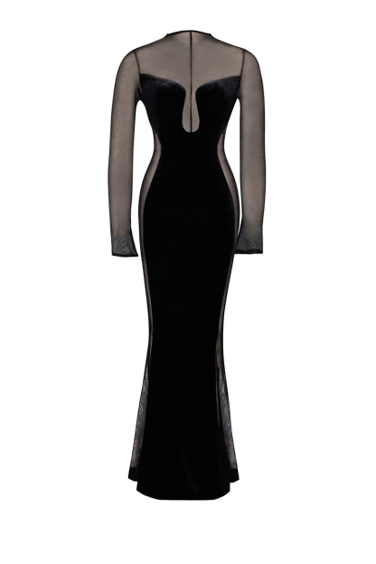 Velvet Mesh Patchwork Long Sleeve Gown Maxi Dresses-Hayhty.All Rights Reserved.