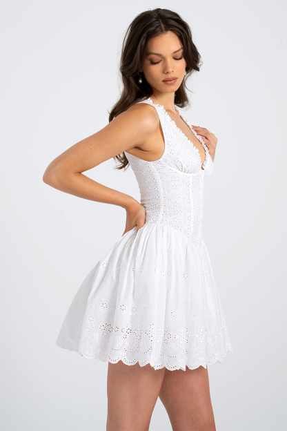 V Neck Cinch Waist Hollow Out Pattern Mini Tank Dresses-White-Hayhty.All Rights Reserved.
