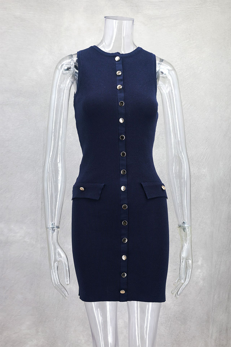 Round Neck Button Up Bodycon Knit Mini Tank Dresses-Navy-Hayhty.All Rights Reserved.