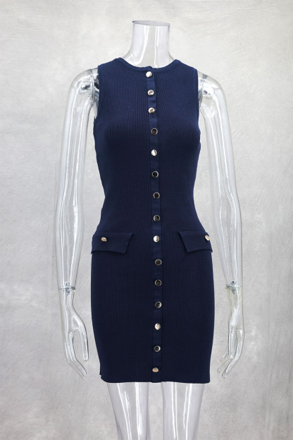 Round Neck Button Up Bodycon Knit Mini Tank Dresses-Navy-Hayhty.All Rights Reserved.
