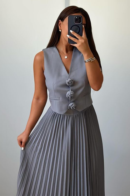 3D Flower Decor V Neck Vest Pleated Maxi Skirt Matching Set-White-Hayhty.All Rights Reserved.
