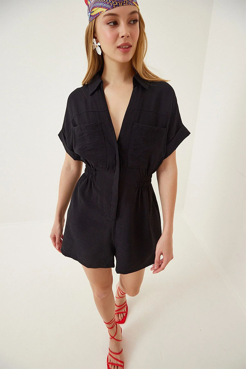 Turndown Collar Short Sleeve Pockets Solid Color Casual Playsuit Romper-Khaki-Hayhty.All Rights Reserved.