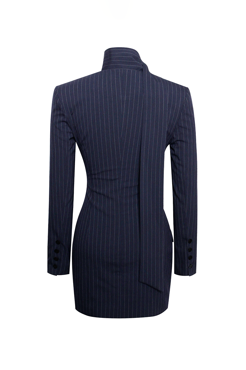 Long Sleeve Deep V Pinstripes Blazer Mini Dresses-Navy-Hayhty.All Rights Reserved.