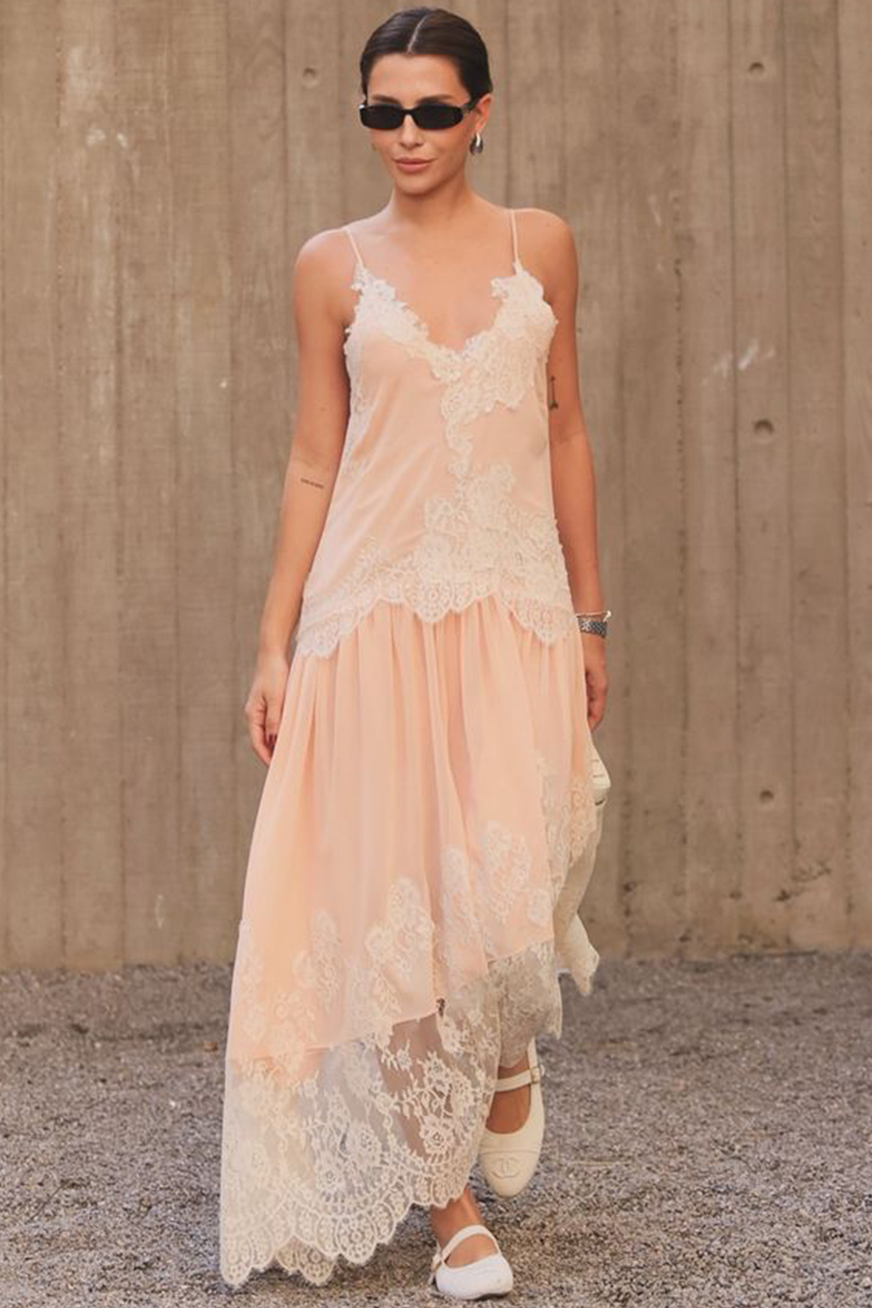 Deep Plunge Neckline Lace Patchwork Slip Maxi Dresses-Orange-Hayhty.All Rights Reserved.