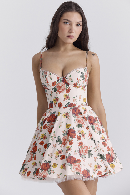 Floral Pattern Cinch Waist Mini Slip Dresses-White-Hayhty.All Rights Reserved.