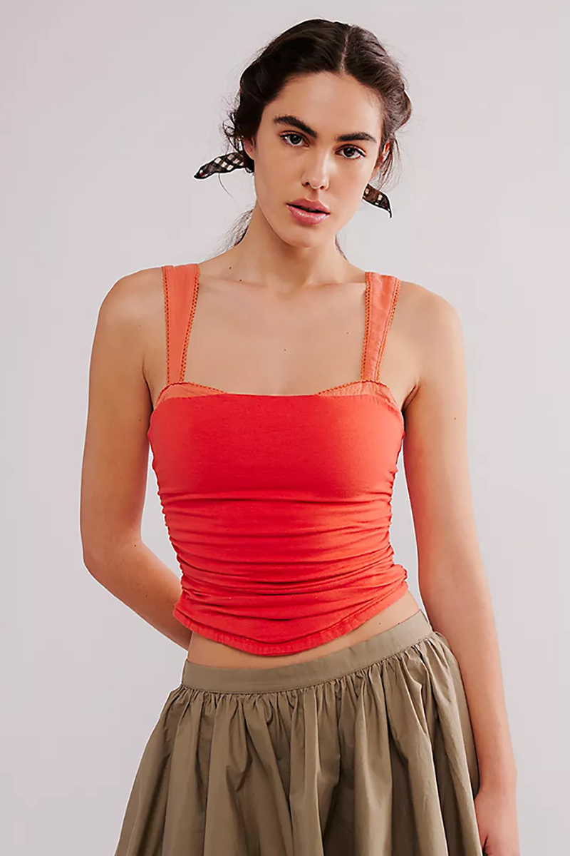 Slim Fit Ruched Colorblock Wide Straps Crop Top-Orange-Hayhty.All Rights Reserved.