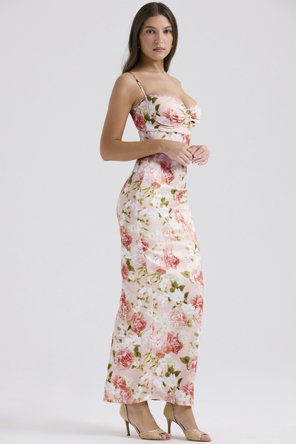 Floral Print Lace Trim Spaghetti Strap Back Slit Hem Slim Fit Maxi Dresses-Pink-Hayhty.All Rights Reserved.