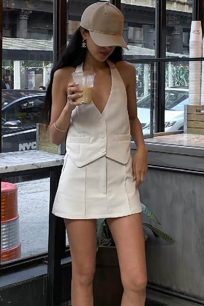 Solid Color Button Up Halter Top Mini Skirt Matching Set-Beige-Hayhty.All Rights Reserved.