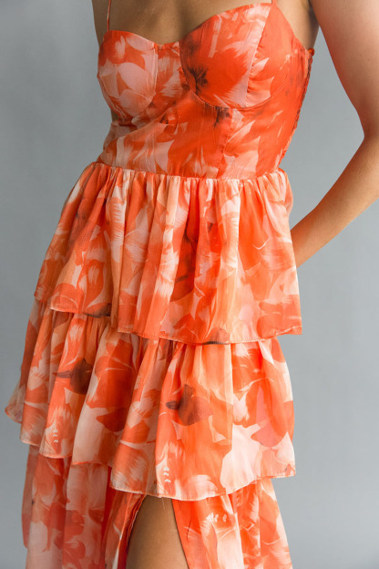Floral Print Tiered Ruffle Wedding Guest Maxi Slip Dresses-Orange-Hayhty.All Rights Reserved.