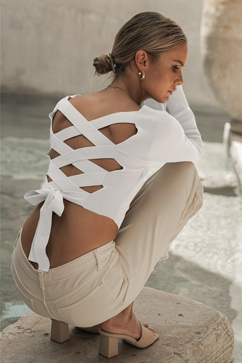Square Neck Back Lace Up Tied Slim Top-Hayhty.All Rights Reserved.