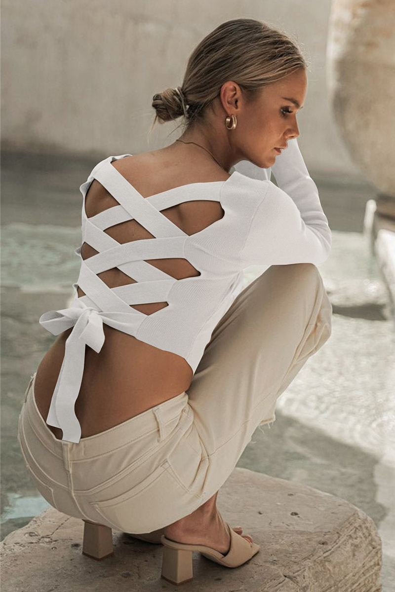 Square Neck Back Lace Up Tied Slim Top-Hayhty.All Rights Reserved.