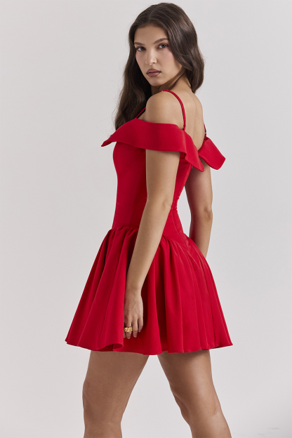 Cold Shoulder Corset A-Line Pleated Hem Cocktail Party Slip Mini Dresses-Black-Hayhty.All Rights Reserved.