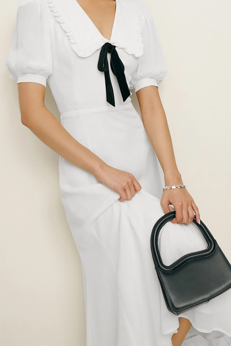 Doll Collar Front Tie Up Puff Sleeve A-Line Midi Dresses-White-Hayhty.All Rights Reserved.