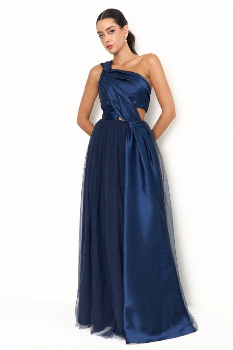 Pleated Cinch Waist Cutout One Shoulder Gowns Maxi Dresses-Blue-Hayhty.All Rights Reserved.