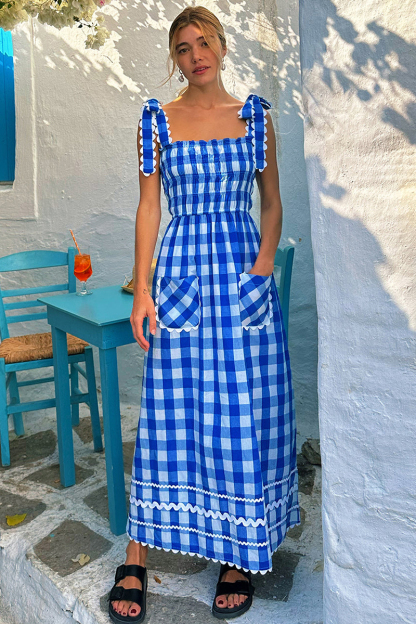 Plaid Pattern Tie Up Wide Straps Pocket A-Line Maxi Dresses-Blue-Hayhty.All Rights Reserved.