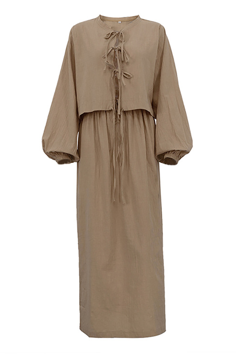 Puff Sleeve Front Tie Up Blouse Solid Color Maxi Skirt Matching Set-Brown-Hayhty.All Rights Reserved.