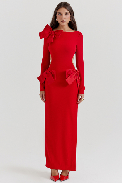 Bow Decor Long Sleeve Backless Slim Fit Side Slit Gowns Maxi Dresses-Red-Hayhty.All Rights Reserved.