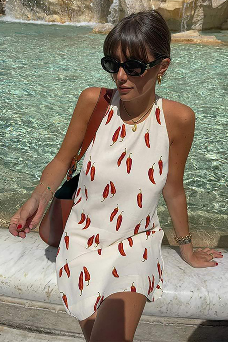 Pepper Pattern Halter Neck Open Back Loose Fit Mini Dresses-White-Hayhty.All Rights Reserved.