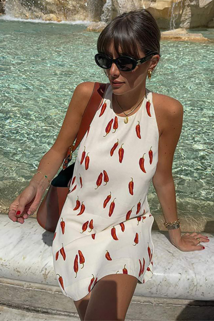 Pepper Pattern Halter Neck Open Back Loose Fit Mini Dresses-White-Hayhty.All Rights Reserved.