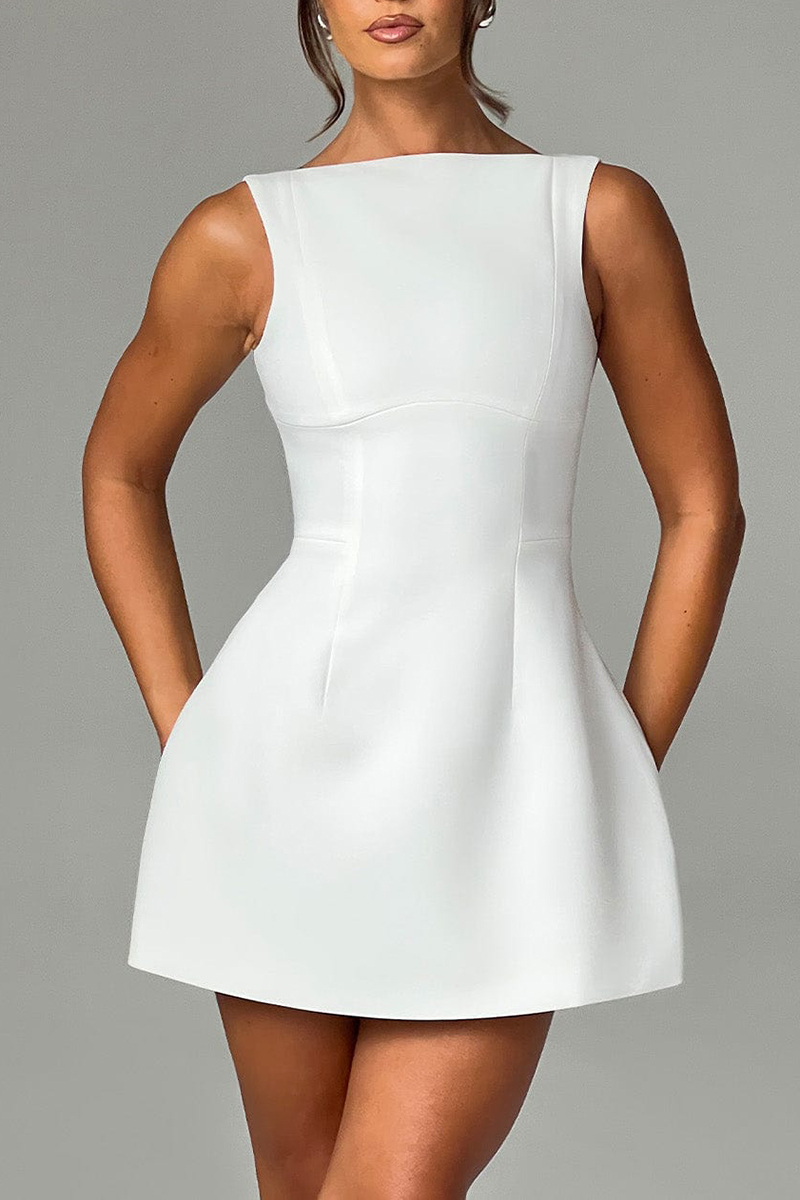 Solid Color A-Line Backless Mini Tank Dresses-White-Hayhty.All Rights Reserved.
