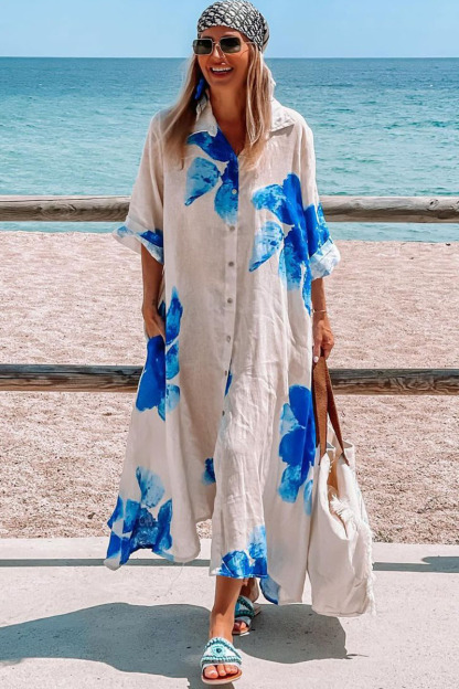 Half Sleeve Turndown Collar Floral Print Vacation Midi Dresses-Hayhty.All Rights Reserved.