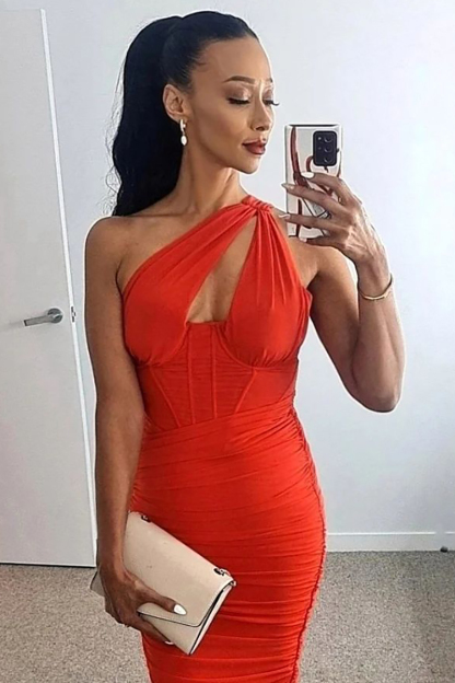 One Shoulder Front Cut Out Corset Ruched Party Midi Dresses-Hayhty.All Rights Reserved.