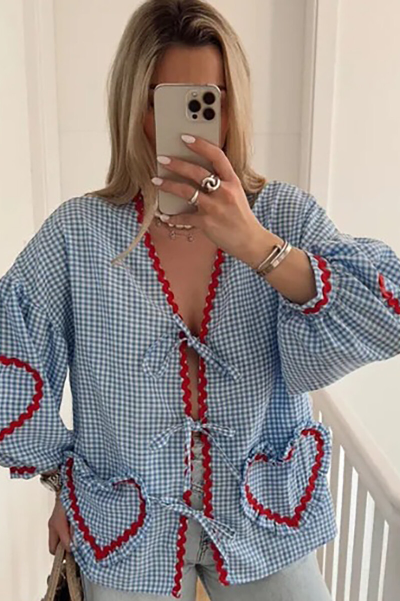 Plaid Pattern Wavy Trim Heart Pockets Tie Up Lantern Sleeve Top-Pink-Hayhty.All Rights Reserved.