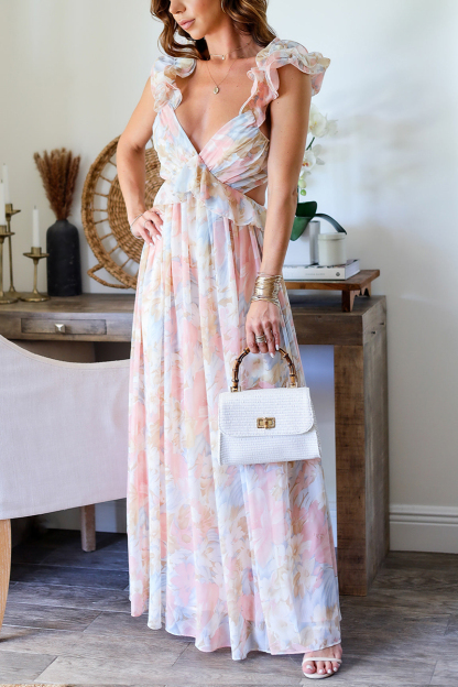 Ruffled Trim V Neck Floral Print Cutout Open Back Maxi Dresses-Hayhty.All Rights Reserved.