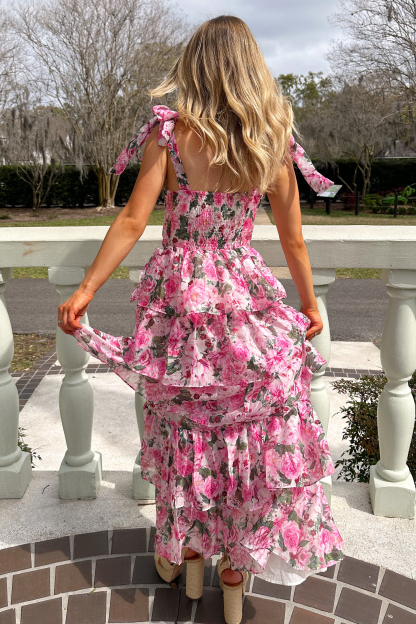 Floral Print Tie Up Cami Tiered Ruffled Hem Midi Dresses-Pink-Hayhty.All Rights Reserved.
