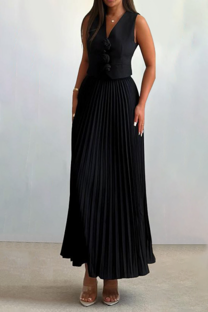 3D Flower Decor V Neck Vest Pleated Maxi Skirt Matching Set-White-Hayhty.All Rights Reserved.
