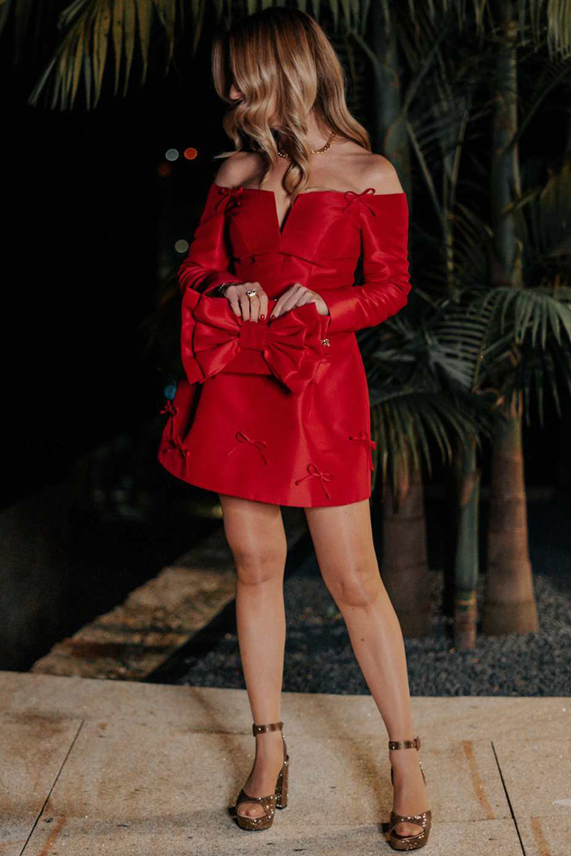 Off Shoulder Long Sleeve Bow Decor Cinch Waist Mini Dresses-Red-Hayhty.All Rights Reserved.