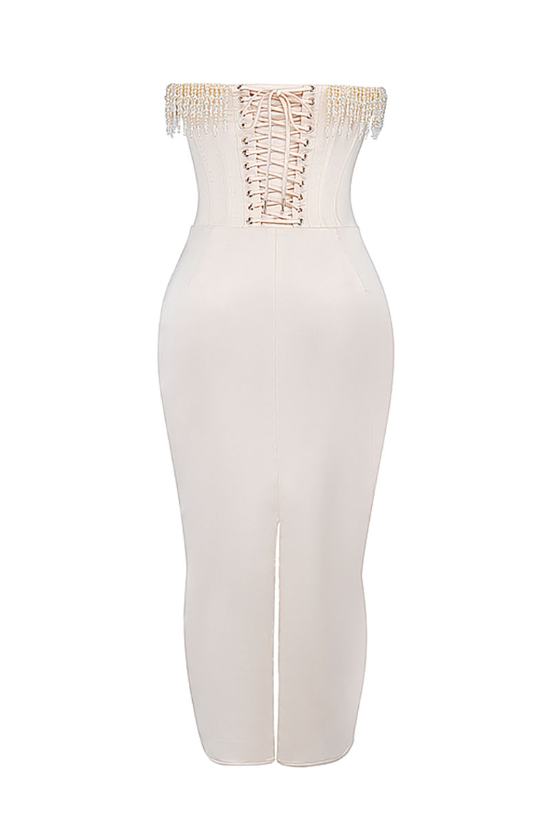 Beads Pearls Fringed Trim Strapless Corset Bodycon Midi Dresses-White-Hayhty.All Rights Reserved.