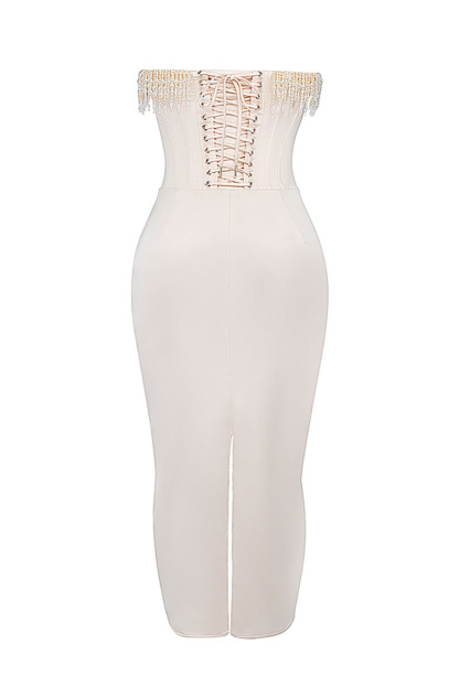 Beads Pearls Fringed Trim Strapless Corset Bodycon Midi Dresses-White-Hayhty.All Rights Reserved.