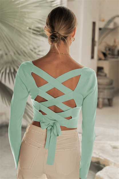 Square Neck Back Lace Up Tied Slim Top-Hayhty.All Rights Reserved.