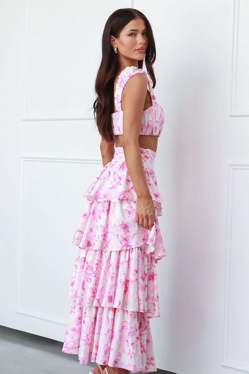 Square Neck Ruched Sleeveless Crop Top High Waist Layered Maxi Skirt Floral Print Matching Set-Hayhty.All Rights Reserved.