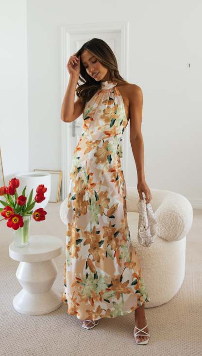 Floral Print Halter Backless Flowy Vacation Maxi Dresses-Hayhty.All Rights Reserved.
