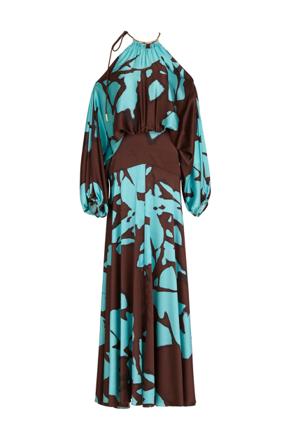 Cold Shoulder Halter Lantern Long Sleeve Cinch Waist Colorblock Maxi Dresses-Hayhty.All Rights Reserved.