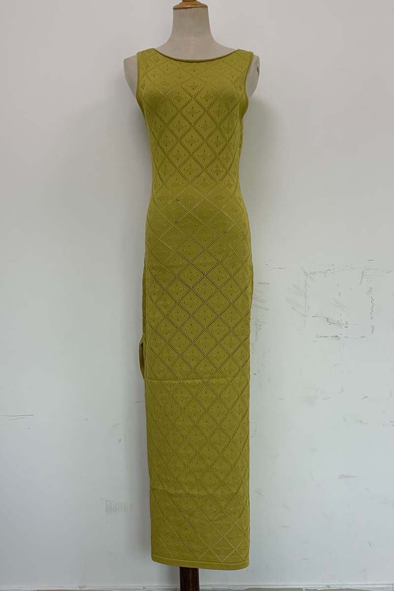 Hollow Out Boat Neck Sleeveless Knitted Bodycon High Slit Cover Up White Maxi Dresses-Hayhty.All Rights Reserved.