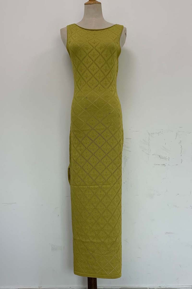 Hollow Out Boat Neck Sleeveless Knitted Bodycon High Slit Cover Up White Maxi Dresses-Hayhty.All Rights Reserved.
