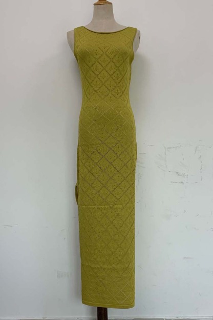 Hollow Out Boat Neck Sleeveless Knitted Bodycon High Slit Cover Up White Maxi Dresses-Hayhty.All Rights Reserved.