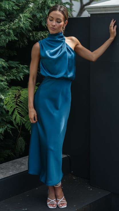 Turtleneck Sleeveless Satin Midi Dresses-Hayhty.All Rights Reserved.