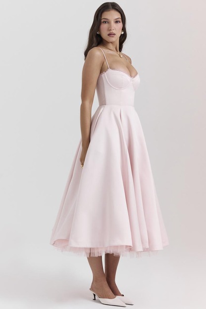 Elegant Cinch Waist Party Bridesmaid Tulle Layered Midi Slip Dresses-Pink-Hayhty.All Rights Reserved.