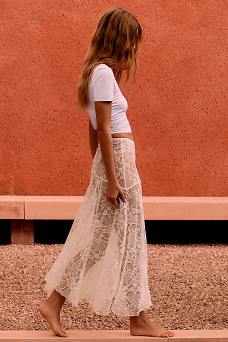 Floral Lace See Through Cover Ups Midi Skirt-White-Hayhty.All Rights Reserved.